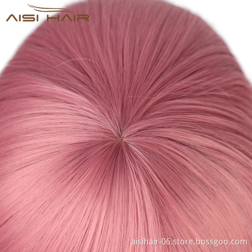 Aisi Hair Wholesale Top Quality Short Bob Pink Wig With Neat Bangs Synthetic Short Curly Wave Wigs For Black Women